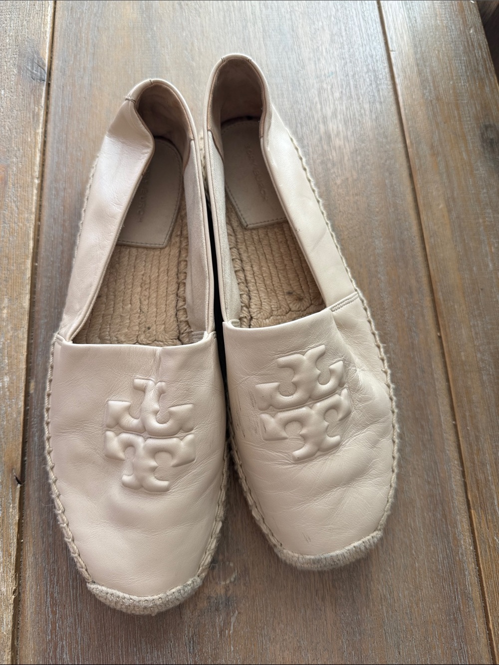 Tory Burch Cream Ines Leather Espadrille Flats Size 9.5 M Double T Logo